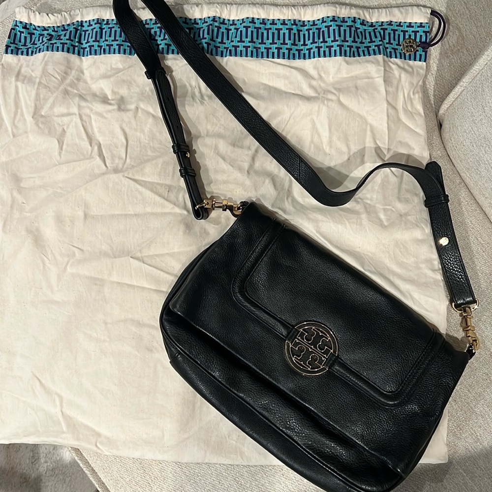 Tory Burch Black Leather Crossbody with Gold Logo Medallion